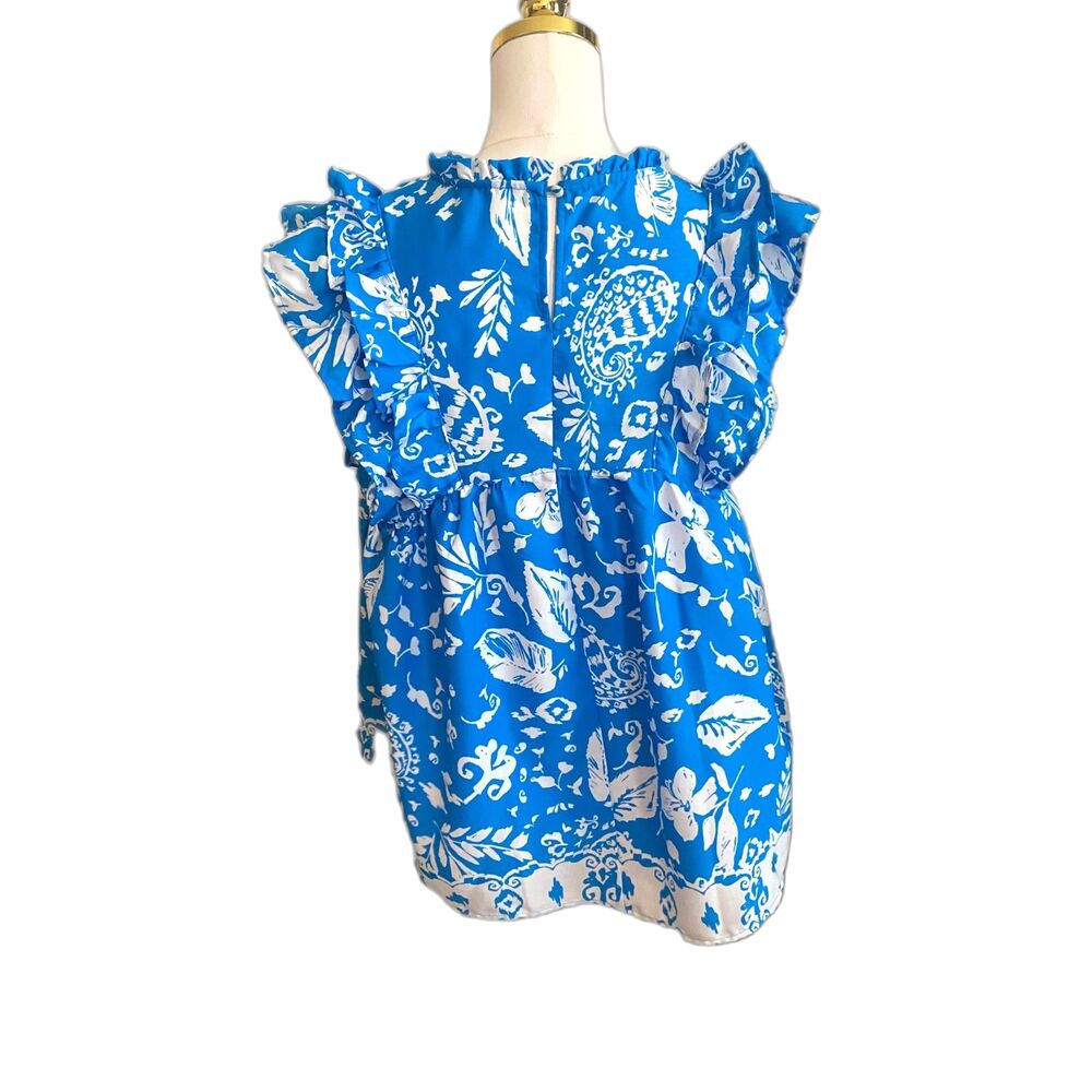 Umgee Peasant Blouse Large Blue White Floral Flutter Sleeve Lace Flowy - Picture 5 of 9